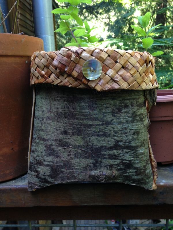 Folded Cedar Bark Pouch with Braided Border and Shell Button